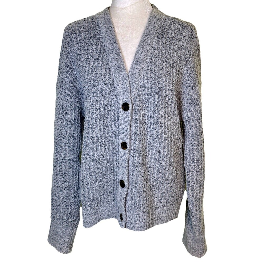 Sonoma Women’s Heather Gray Waffle Knit Cozy Cardigan Classic‎ Button Front Sz M